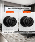Six Pack Matte Black Interior Privacy Door Knobs For Bedroom Or Bathroom Classic Round Doorknobs Hardware Set With Inside Turn Button Lock And Outside Emergency Release Pin; exterior and interior views.
