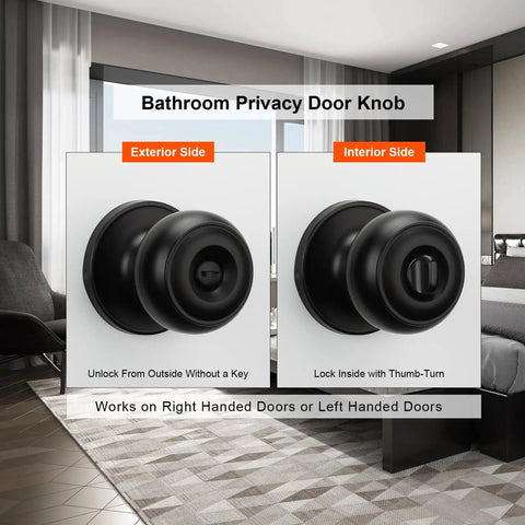 8 Pack Matte Black Privacy Door Knobs For Interior Doors, showing exterior and interior sides in bedroom setting