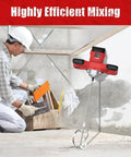 Worker using Beast 2100W Electric Cement Mixer with 6 speed settings, handheld mixing tool displayed against concrete wall.