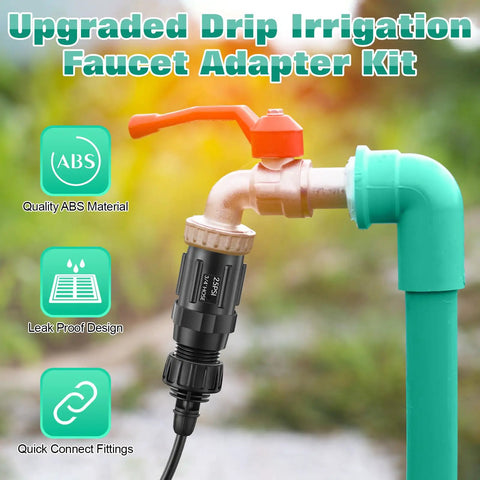 Two Pack Drip Irrigation Faucet Adapter Kit With 25 PSI Pressure Regulator connected to garden hose with features displayed.