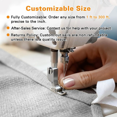 Close-up of sewing a Rectangle 20x20 Sun Shade Sail Canopy for Patio Pergola Deck Outdoor Backyard Light Grey UV Block