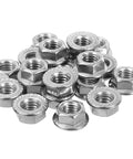 Knockout Quality 304 Stainless Steel Hex Flange Lock Nuts 3/8-16 Thread Non Slip Serrated Base Full Length Threading Built Tough For Tricky Auto And Gear Projects 25 Pack Lot arranged in a pile.
