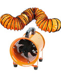 Heavy Duty High Velocity 10 Inch Portable Utility Blower Fan For Basements Shops And Warehouses With 3150 RPM Low Noise 280W AC Motor 16.4ft Flexible Duct Hose Industrial Exhaust Power For Confined Spaces, orange fan with attached duct hose