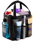 Dope Portable Mesh Shower Caddy With Seven Pockets, Freestanding Dorm Organizer Bag For Camping, Beach, And Travel, filled with toiletries