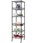 Heavy Duty 6 Tier Wire Shelving Unit Rolls Flat On Smooth Casters, 18X18X72 Inch Adjustable Black Metal Rack, displaying wine bottles and pots.