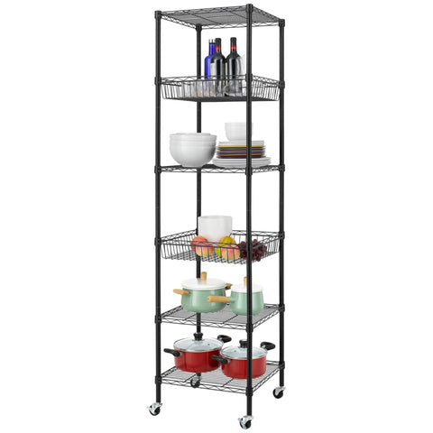 Heavy Duty 6 Tier Wire Shelving Unit Rolls Flat On Smooth Casters, 18X18X72 Inch Adjustable Black Metal Rack, displaying wine bottles and pots.