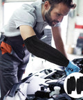 Premium Two Pack Waterproof Polyurethane Arm Sleeves Feel Built Like A Tank With Full Forearm Grease Guard Coverage That Simply Wipes Clean After Hectic Kitchen Or Auto Shop Grinds worn by a mechanic.