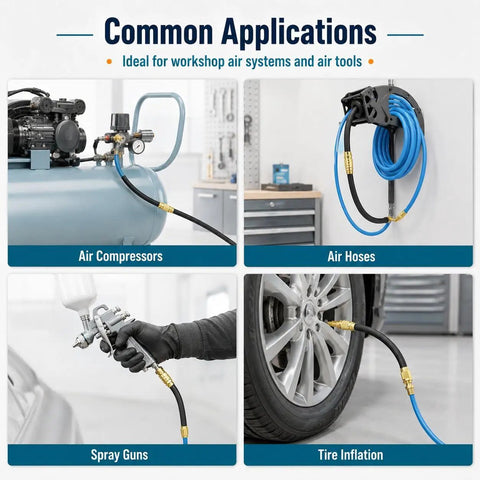 Heavy Duty Flexible Air Compressor Whip Hose Kit Slick Rubber Tubing in use for air compressors and tire inflation.