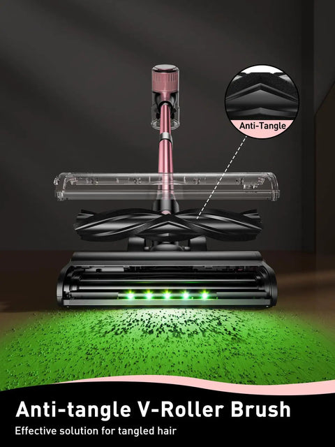 Cordless Vacuum Cleaner 8 In 1 With Beastly 45KPa Suction, anti-tangle V-roller brush close-up, LED display, pink