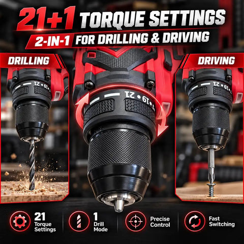 Rugged Boss Level 21V Brushless Cordless Drill Driver Kit Delivers 40Nm Kick Torque Two Speed Gears All Metal Chuck Bundle Drops showing 21+1 torque settings for drilling and driving.