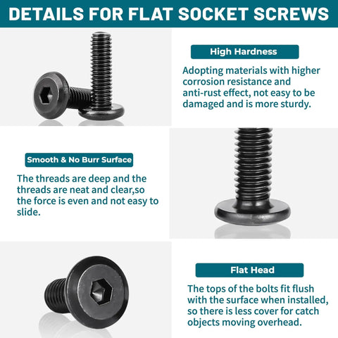 Beefy 61Pcs M8 Flat Head Hex Socket Cap Screws Set With 9 Lengths details of thread quality, flat head, and material features.
