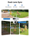 Solid Build 2K Dual Lens Outdoor Security Camera With Pan Tilt Control capturing a girl and dog in backyard, showcasing motion tracking features.
