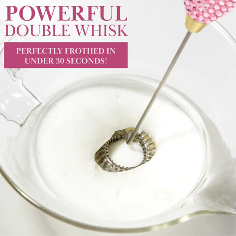Electric Rhinestone Handheld Milk Frother With Double Coil Whisk And Gold Stand Pink Battery Powered Portable Frother For Lattes Cappuccinos And More Fast Foaming In Under 30 Seconds Requires 2 AA Batteries Not Included in action foaming milk