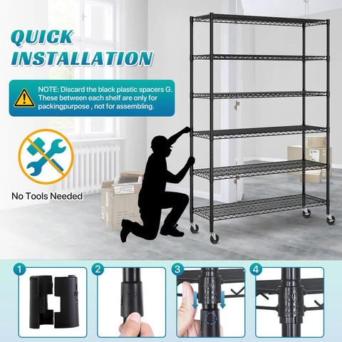Quick installation demo of Heavy Duty Six Tier Steel Wire Shelving Unit Built Like A Beast Garage Storage Rack Black 48 By 18 By 72 Inches Tall.