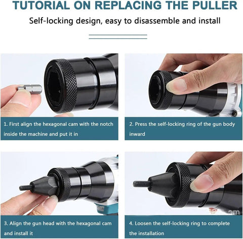 Cordless Rivet Gun With Brushless Motor Beast Mode For Quick M3 To M12 Rivet Nut Sets showing a tutorial on replacing the puller.