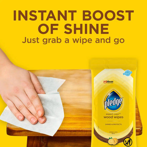 Expert Care Lemon Scent Wood Wipes For Polishing And Protecting Wood Furniture And Surfaces No Spray Convenience Pack Of 6 With 144 Total Wipes Yellow package and hand using wipe on wood.