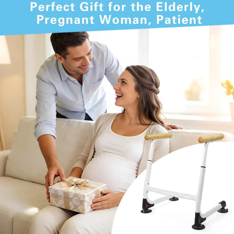 Couple sharing a gift with Adjustable Height Toilet Safety Rails With Wood Finishes Big Time 350 Lb support for mobility needs.