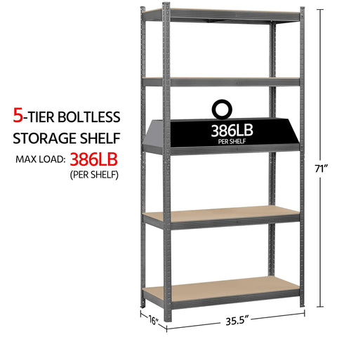 Top Shelf Five Tier Storage Rack Two Pack Hella Sturdy Adjustable Shelving Unit Flexible Utility Shelf For Garage Basement No Fuss Organization Sleek Dark Gray 5-tier boltless storage shelf with wood panels, max load 386LB.