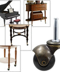 Antique Bronze Furniture Casters with No Sweat Rolling Action showcased with various tables and a piano, highlighting retro style.