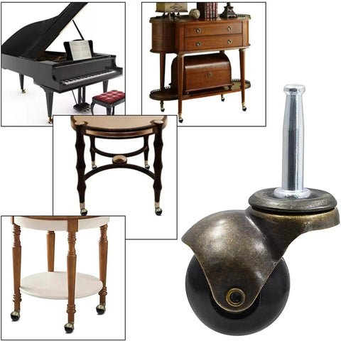Antique Bronze Furniture Casters with No Sweat Rolling Action showcased with various tables and a piano, highlighting retro style.