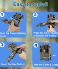 Rock Solid 2 Pack Replacement Batteries For Tactacam Reveal Trail Hunting Cameras installation guide showing steps to replace batteries.