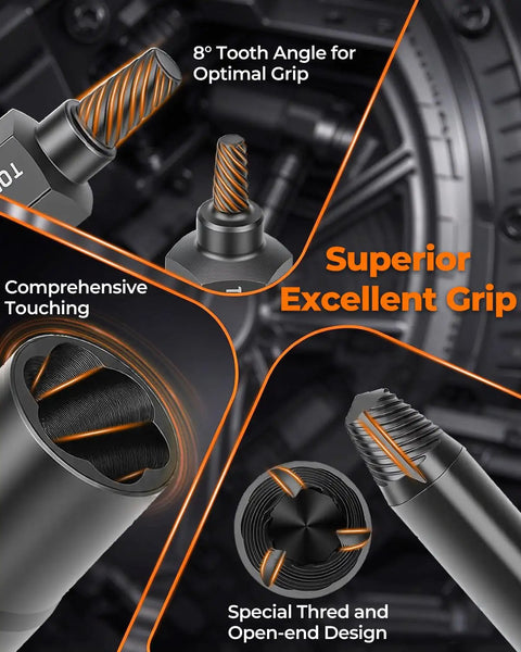 Killer Grip Bolt Extractor Kit And Stripped Screw Removal Set With Multi Spline Bits showing 8° tooth angle for optimal grip.