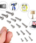 Silver Tiny Electronics Screws Kit 750 Pcs Set With M1 To M1.7 Phillips Pan Head Self Tapping Screws shown with electronic devices.