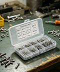 Durable Self Tapping Wood Screws Kit Assorted Carbon Steel M2 800 Pieces with Organized Storage Tray on workbench