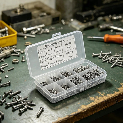 800 Piece Self Tapping Screws Kit With M2 Round Head Carbon Steel Fasteners for Wood, Metal, and Plastic in storage box