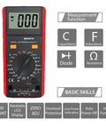Front view of LCR Meter Capacitance Inductance Resistance Tester with LCD Overrange Display and measurement functions chart.