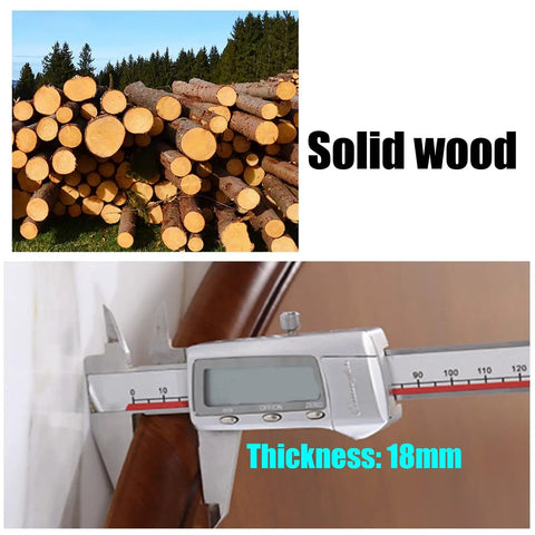 Solid wood logs stacked outdoors with a measurement tool showing thickness of 18mm, emphasizing durability.