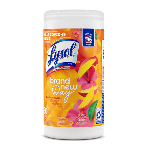 Canister of Mango Scent Disinfecting Wipes, 80 Count, showing label with vibrant mango and hibiscus design.