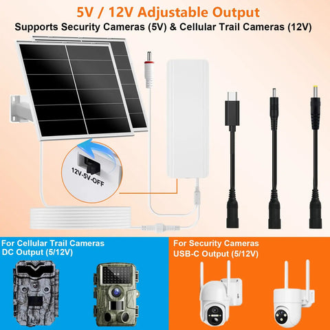 Hella Durable 40W Solar Charger Kit With 24000mAh Power Bank For Wireless Security Ptz And Trail Cameras Featuring Rock Solid Outdoor Plug And Play Battery Reserve components with adjustable output. Power connections for various cameras.