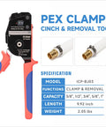 Pex Clamp Tool For Cinching And Removing Three Eighths Inch, One Half Inch, Three Quarters Inch, And One Inch Clamp Rings