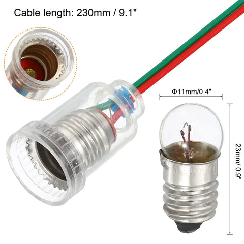 E10 Screw Base Miniature Bulbs Warm Yellow Glow 1.5V 2.5V 3.8V 6V Pilot Indicator Lamps with transparent holder and wiring.