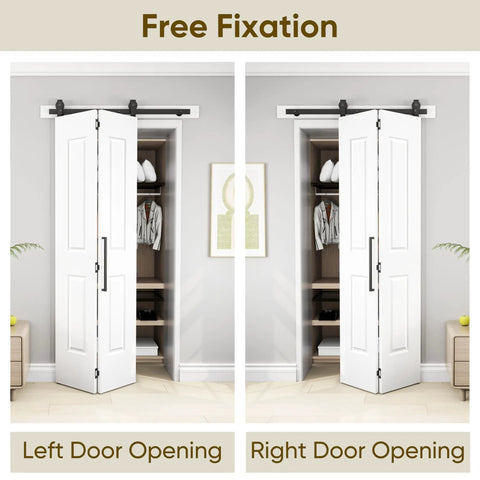 Bifold Barn Door with Classic Raised Two Panel Design, showing left and right opening options in a closet setting.