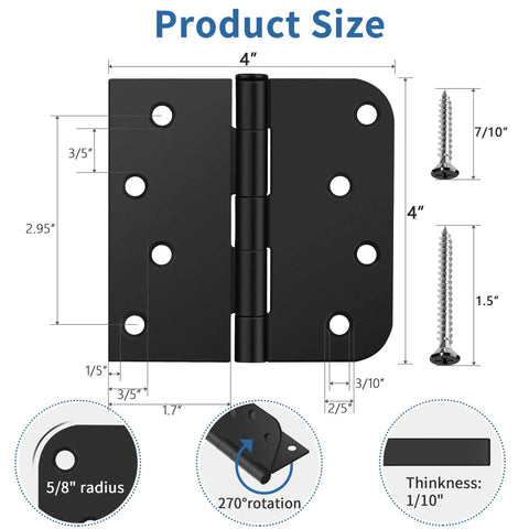 6 Pack Matte Black 4 Inch Door Hinges For Exterior Heavy Duty Iron Construction Tough As Nails With Every Screw Needed For Quick Install, showing size and specs.