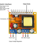 Top view of Beefy 2-Pack High Voltage DC-DC Boost Converter Module 8V-32V Input to 45V-390V Output ZVS Step-Up Booster with labeled features