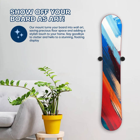 Heavy Duty Snowboard Wall Mount With Slick Pu Rubber Grip To Hold Your Boards Tight For Zero Fuss Garage Storage Compatible With Skis And Decks For Quick Year Round Organization, showcasing a colorful snowboard as wall art.