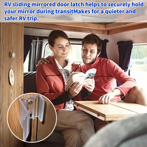 Interior of RV with couple reading, featuring Two Pack RV Sliding Mirrored Door Latch Replacement Hardware, Universal H527 Fit