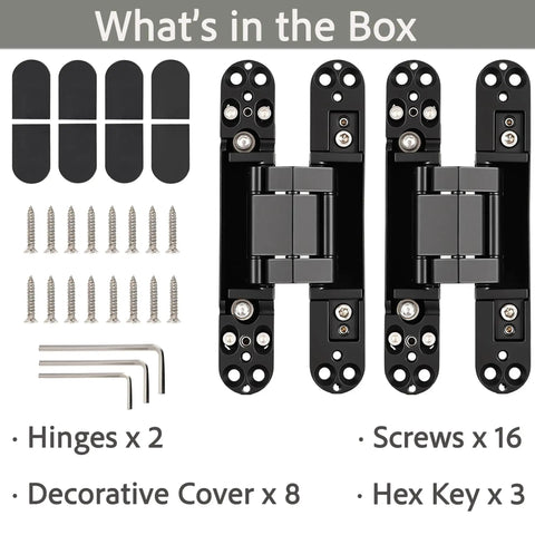Two pack of Six Inch 3D Adjustable Concealed Door Hinges, matte black, with screws, covers, and hex keys included.