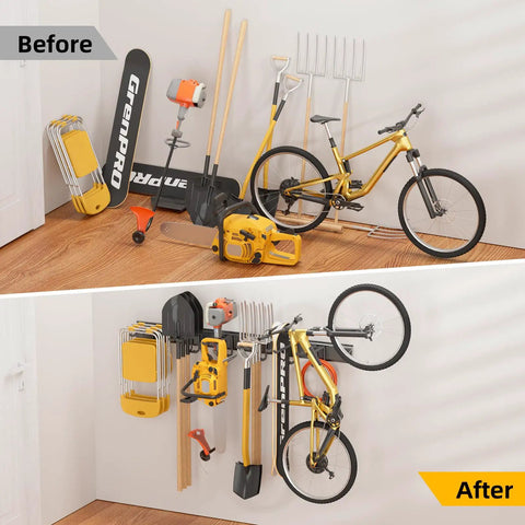 Beefed Up Garage Tool Organizer With Six Double Layer Hooks And Extended 49.5 Inch Wall Mounts Made From Powder Coated Steel To Hoist Long Handled Yard Gear And Shop Kit That Handles Up To 440 Lbs Like A Champ, showcasing before and after wall-mounted storage.