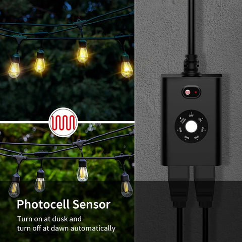 Rock Solid Dual Outlet Outdoor Timer Plug With Dope Slick Wireless Remote Control waterproof sensor and string lights.