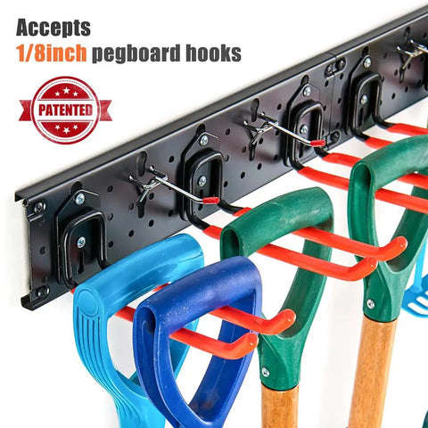 Heavy Duty Multi Storage Garage Hooks Wall Mounted Garden Tool Organizer Featuring Rock Solid Rails with shovels and tools