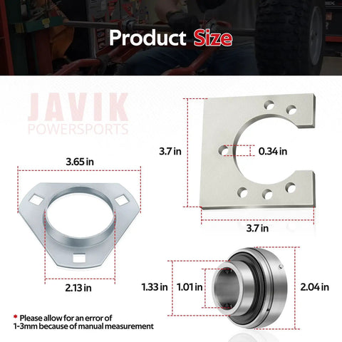 Product size diagram of Rear Live Axle Bearing Kit 1 Inch Universal Fit For Go Karts Mini Bikes Trikes And Off Road ATVs, three hole design.