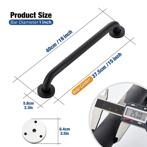 Straight Up Heavy Duty 16 Inch Shower Grab Bars Matte Black Stainless Steel Safety Handles For Bathroom Wet Room Rock Solid Support Two Pack No Sweat Setup, measuring 16 inches long with a 1 inch diameter.