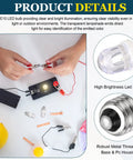 Straight Up Solid E10 Screw Base LED Bulbs in use, showing hands connecting wires, illuminated bulb, and project setup.