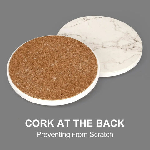 Back of 6 Pack White Marble Coaster Set With Holder, Absorbent Ceramic Drink Coasters For Bar And Coffee Table, cork non-slip base