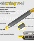 YESCOO deburring tool with anti-skid handle, 360° rotatable head, and 10-piece high-speed steel blade set in case