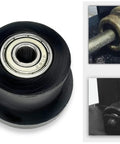 4 Pack Universal Gym Machine Roller Wheels Heavy Duty Black Plastic Rollers For Multi Model Home Fitness Equipment Direct Replacement For Worn Exercise Machine Components Industrial Grade Durability With 1500 Lb Weight Capacity front view and installed examples
